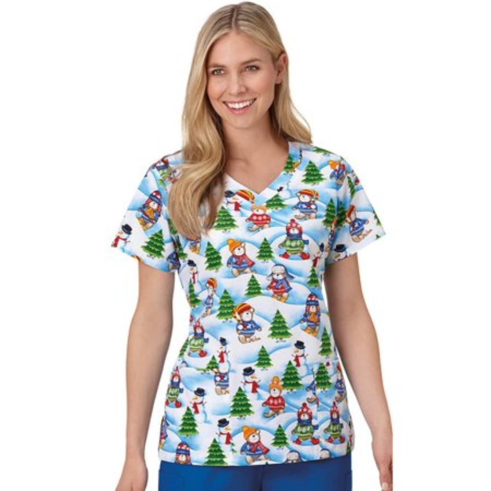 Bio Women's Curved V-Neck Winter Print Scrub Top MD